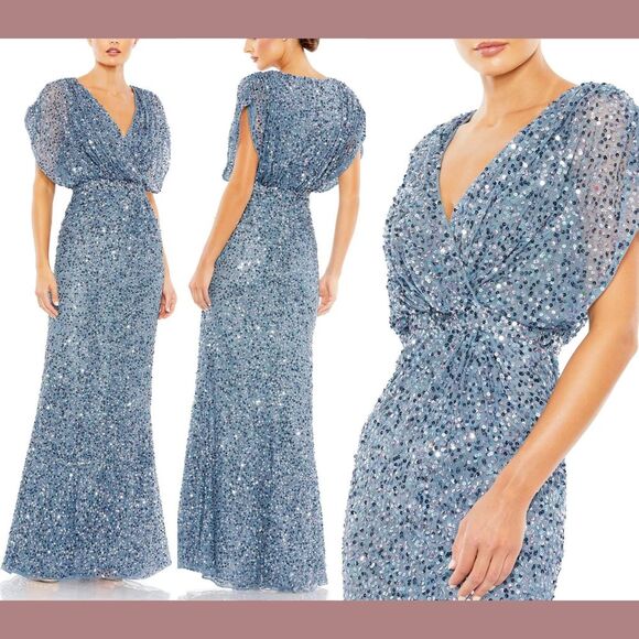 NWT $498 Mac Duggal [ 16 ] 5640 Draped‎ Sleeve V Neck Gown in Slate Blue #Q1011 - Picture 1 of 15